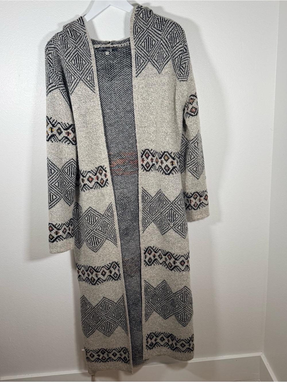 Sioni Women’s Large Long Hooded Cardigan Sweater Geometric Boho Duster 52”